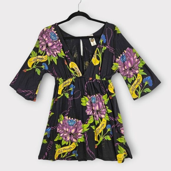 Ed Hardy Y2K Mini Dress / Tunic Deep V Women's sz Medium Black Floral Colorful - Picture 1 of 16
